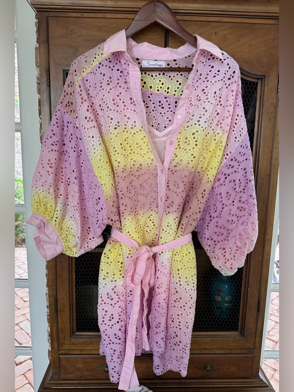SUNDRESS Eyelet Button Down Shirt Dress L/S. Pink/yellow/purple ombré. M/L.